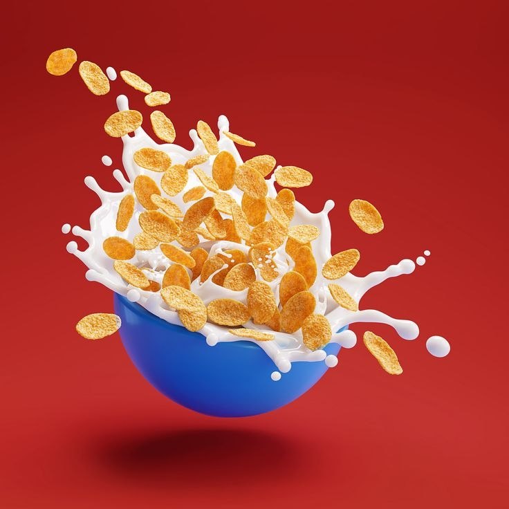 Cereal and milk splash on a red background